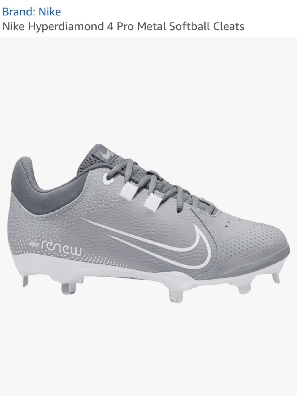 Nike Womens Hyperdiamond 4 PRO Metal Softball Cleats Grey White US 9 NIB